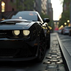 Luxurious black sports car parked on an urban street with city lights glowing in the background at dusk
