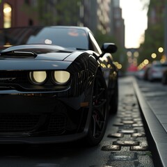 Fototapeta premium Luxurious black sports car parked on an urban street with city lights glowing in the background at dusk