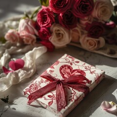 Fototapeta na wymiar Luxurious gift box with a satin ribbon, surrounded by roses, symbolizing affection and celebration