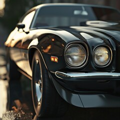 Close-up of a black vintage sports car, showing detail of round headlights and grill, exuding elegance