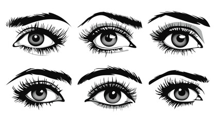 Beautiful female eyes with big lashes and eyebrows. Eyeliner glamour makeup. Icon set - obrazy, fototapety, plakaty