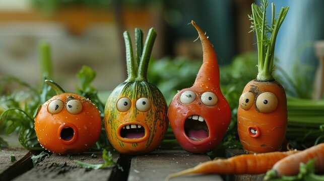 Colorful range of garden vegetables with comically animated faces, suggesting emotions and story