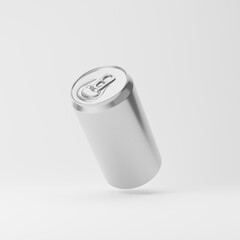 Falling blank aluminum soda can isolated over white background. Mockup template. 3d rendering.