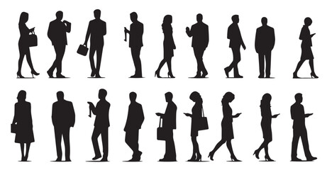 silhouettes of people working group of standing business people vector illustration on isolated white background. - obrazy, fototapety, plakaty