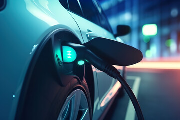 Eco-Friendly Energy: Stock Photo Featuring a Close View of an Electric Vehicle Charger
