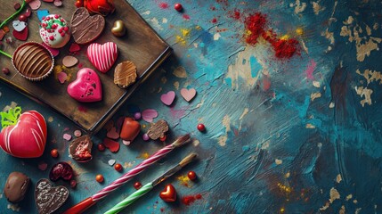 A medley of chocolates and sugary hearts artfully arranged on a distressed painted backdrop creates a festive mood