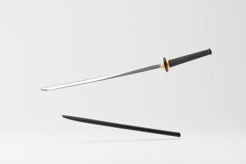 Falling samurai sword isolated over white background. 3d rendering.