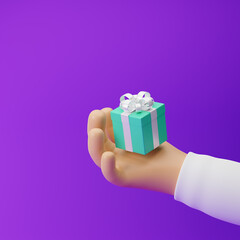 Cartoon hand holding jewelry box with ribbon isolated over purple background. 3d rendering.