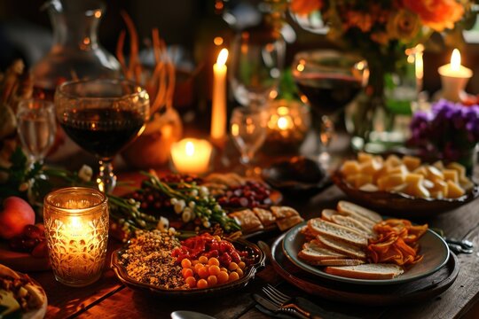 A joyous Purim celebration is captured in this image, featuring a table laden with traditional foods and wine, with candles casting a soft, inviting glow over the festive spread