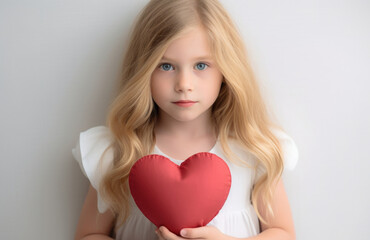 Innocent beauty: a girl holding a bold red heart with a light, luminous background
