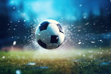 Naklejka premium Zooming in on the majestic flight, this close-up photo freezes the soccer ball in mid-air, showcasing its trajectory over the soccer field, creating a sense of freedom and excitement