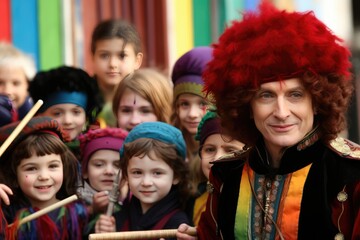 Fototapeta premium Revel in the outdoor Purim carnival! Streets burst with laughter, vibrant costumes, and lively performances, turning the city into a festive playground of joy and celebration