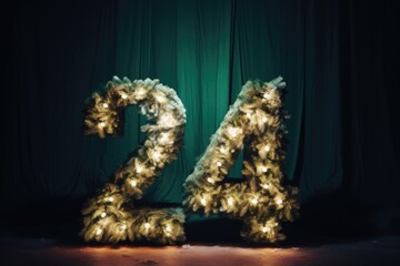 A glowing number 24 crafted from Christmas trees, illuminated by twinkling lights, capturing the festive spirit