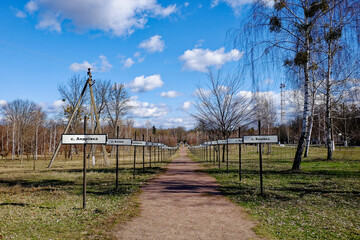 A sunny day view of a path lined with trees and grass. Alley with the names of abandoned villages in the zone of the Chernobyl nuclear disaster. Signposts with names of villages in Cyrillic.