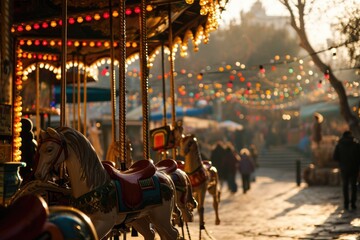 Carousel with horses at a street circus - obrazy, fototapety, plakaty