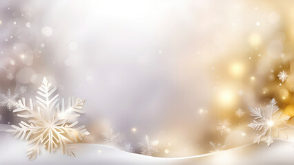 Fototapeta na wymiar Christmas blurred background with white snowflakes and golden garland lights. New Year, winter holidays banner for design.Generative AI 