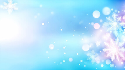 Fototapeta na wymiar Christmas blurred light blue background with white snowflakes and bokeh lights. New Year, winter holidays banner for design.Generative AI 
