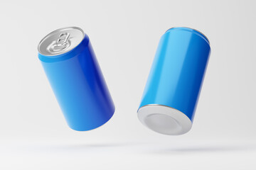Falling blue aluminum soda cans isolated over white background. Mockup template. 3d rendering.