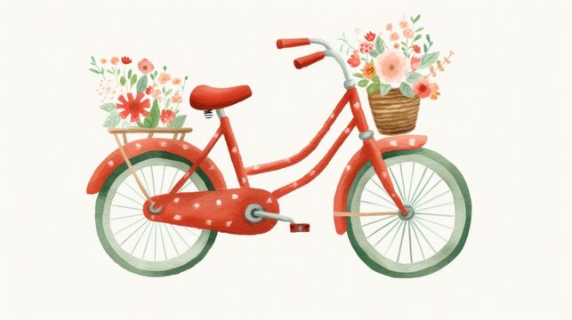 Cute bicycle with flowers watercolor illustration in minimal style. Funny transport Transport in the style of a children's drawing