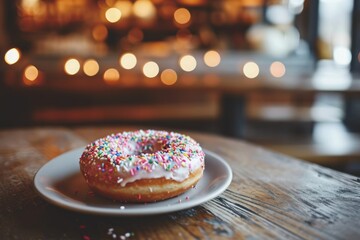 A donut on a grey plate with glaze and colourful sprinkles. - obrazy, fototapety, plakaty