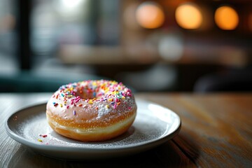 A donut on a grey plate with glaze and colourful sprinkles. - obrazy, fototapety, plakaty