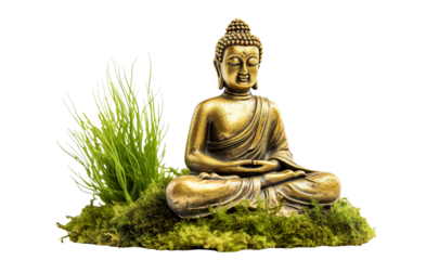 Golden buddha statue on mossy rocks, cut out