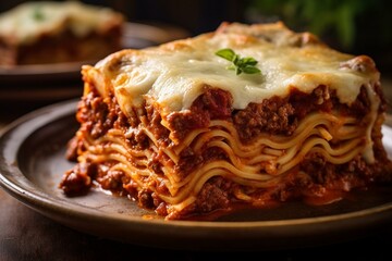 A baked Italian dish made with layers of pasta, ground meat, tomato sauce, and cheese. Generative AI