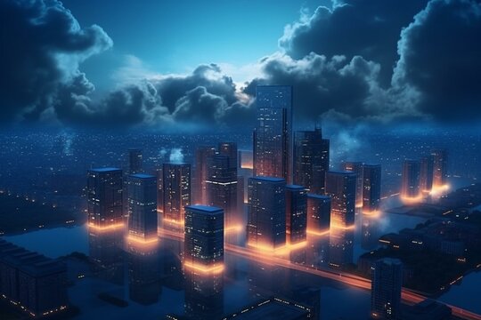 3D rendering of a city at night with buildings, clouds. Suitable for wallpaper, advertising, site background, calendar, and business concept. Generative AI
