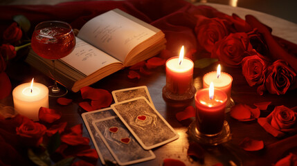 Enchanting Image Of Still Life In Red Tones With Tarot Cards, Glass Of Wine, Red Roses, Mysterious Book And Candles On The Table. Concept Of Love Fortune Telling For The Valentine's Day. - obrazy, fototapety, plakaty