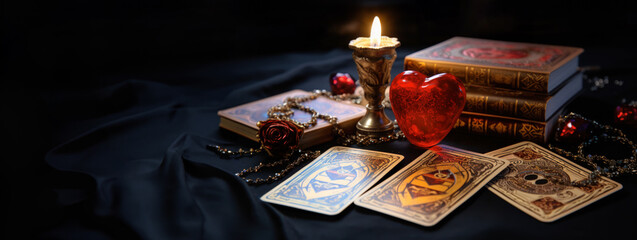 Enigmatic And Mysterious Banner With Copy Space Showing Tarot Cards, Red Glass Heart, Jewelry, Mysterious Books And A Candle On The Table. Concept Of Love Fortune Telling for the Valentine's Day