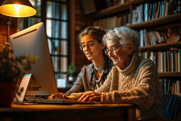 Scene of a young female teaching computer skills to an elderly person.  - obrazy, fototapety, plakaty