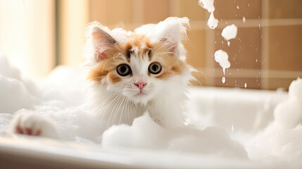 Cat bath. Wet cat. cat in foam