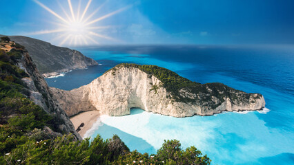Navagio beach with the famous wrecked ship in Zante, Greece

