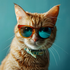 Closeup portrait of funny ginger cat wearing sunglasses isolated on light cyan.