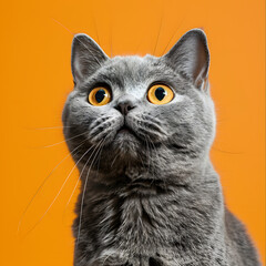 funny british shorthair cat portrait looking shocked or surprised on orange background
