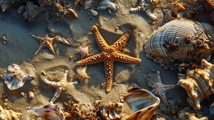 A Captivating Collection of Starfish and Seashells on a Serene Sandy Beach