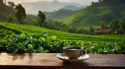 Photo sur Plexiglas Violet pâle Tea cup with on the wooden table and the tea plantation on blurred background