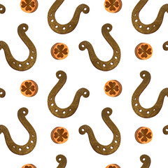 Obraz premium Seamless pattern with symbols of Ireland. Wrapping paper for St. Patrick's Day. Watercolor in vintage style on a white background.
