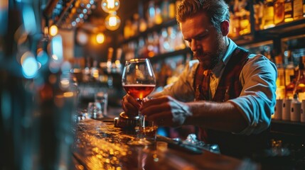 Bartender Enjoying a Glass of Wine at the Bar