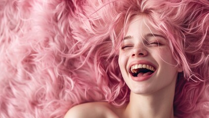 Euphoric young woman with pink hair laughing amidst pink fur, perfect for beauty and happiness marketing.
