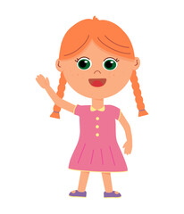Cute little red girl characters vector. Kid happy, smile. child illustration