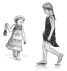 Hand drawing of two little cute girls in summer dresses walking barefoot on beach by sea, vector illustration