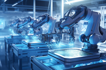 Fototapeta premium Smart factory concept. Robotic arms are processing metal