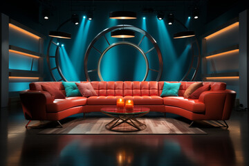 talkshow studio with lighting equipment and a couch