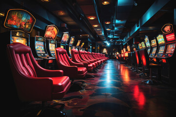 In a dimly lit casino hall, a room with slot machines, a one-armed bandit in vintage style. Gambling, excitement concept. - obrazy, fototapety, plakaty