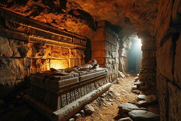 sarcophagus with egyptian mummy on a colorful hieroglyphs wall background inside a tomb in a pyramid secret chamber