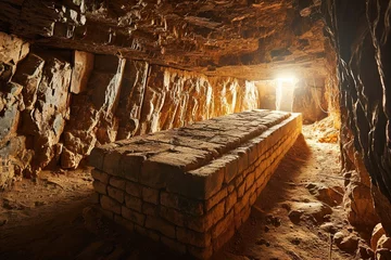 Foto op Canvas sarcophagus with egyptian mummy on a colorful hieroglyphs wall background inside a tomb in a pyramid secret chamber © Izanbar MagicAI Art