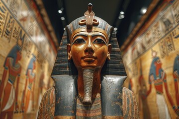 egyptian mummy on a colorful hieroglyphs wall background - obrazy, fototapety, plakaty