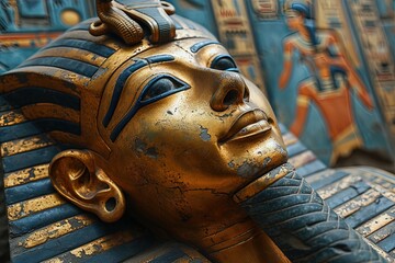 egyptian mummy on a colorful hieroglyphs wall background