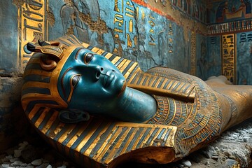 sarcophagus with egyptian mummy on a colorful hieroglyphs wall background inside a tomb in a pyramid secret chamber - obrazy, fototapety, plakaty